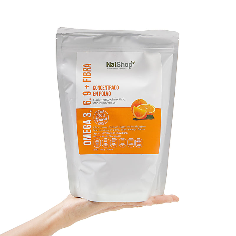 Fibra psyllium y Omega 3 vegetal - sabor naranja orgánica 400g