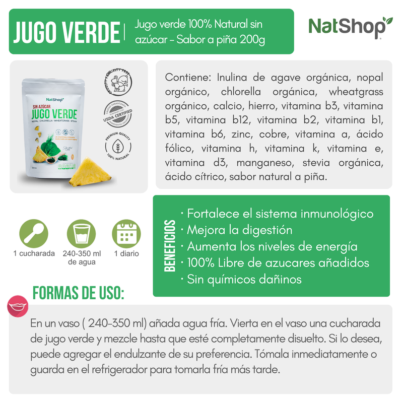 Jugo verde 100% Natural sin azúcar - Sabor a piña 200g