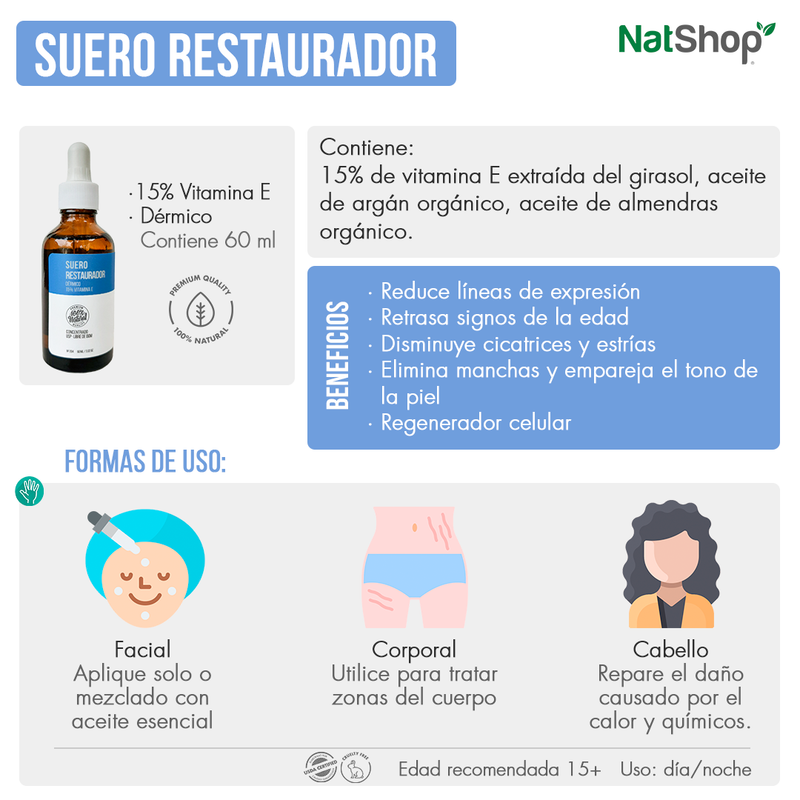 Suero Restaurador Dérmico - 15% vitamina E - 60ml