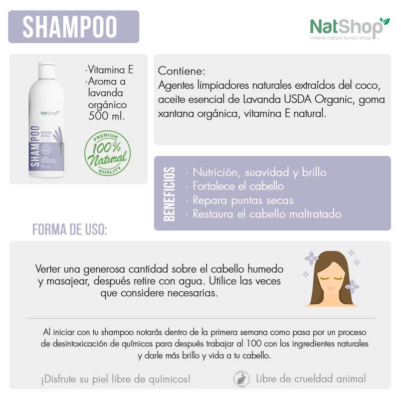 Shampoo natural - Lavanda orgánica y vitamina E - 500ml